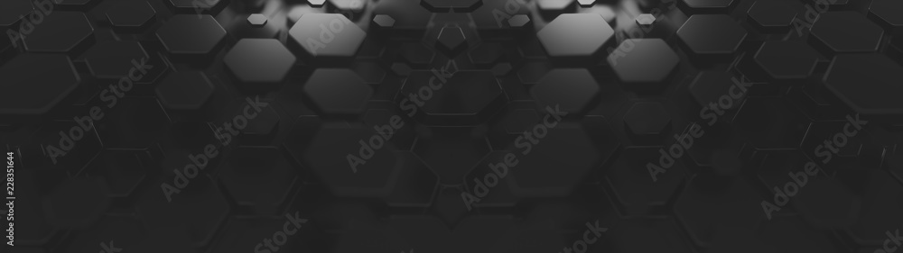 Poster black abstract hexagonal geometric background. structure of a many number of glossy black hexagons w