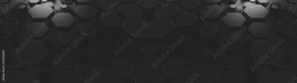 Poster black abstract hexagonal geometric background. structure of a many number of glossy black hexagons w