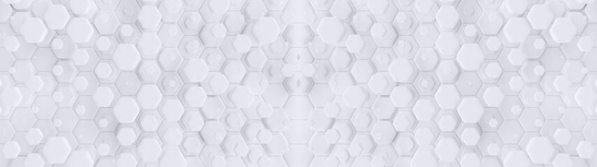 Hexagonal geometric background. Abstract structure of lots of different height hexagons. Creative honeycomb surface. Top view. Cell elements pattern. 3d rendering