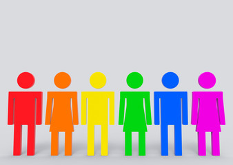 3d rendering. LGBT rainbow color on each male and female icon symbol white copy space gray wall as background.