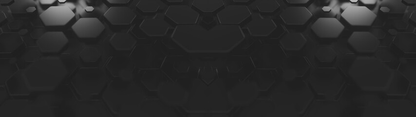Black abstract hexagonal geometric background. Structure of a many number of glossy black hexagons with different size. 3D rendering	