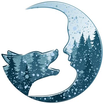 A wolf with the winter night forest and month.