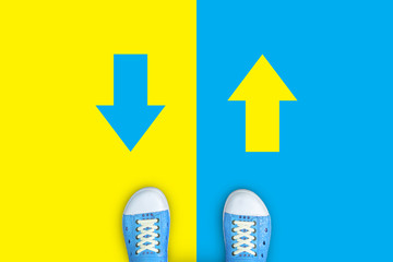 Blue shoes making desion. Minimal concept of forward or backward