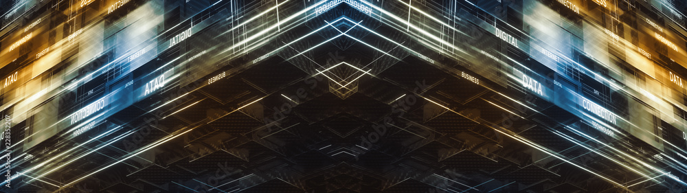 Poster digital cubic geometric structure. connection concept. lots of carbon fiber blocks with glowing line