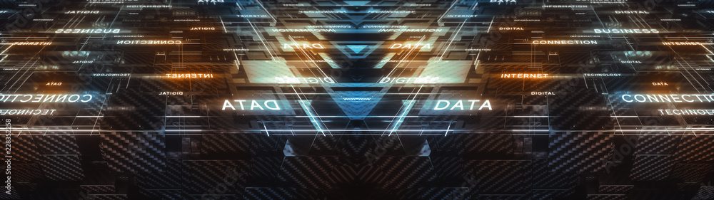 Poster digital cubic geometric structure. connection concept. lots of carbon fiber blocks with glowing line