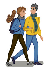 Couple man and woman go holding hands. Vector illustration