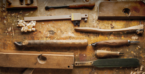 Hand tools Wood on an old wooden workbench