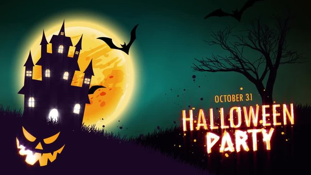Halloween Party invitation animation of a spooky haunted house with Jack-o-lantern Halloween pumpkins