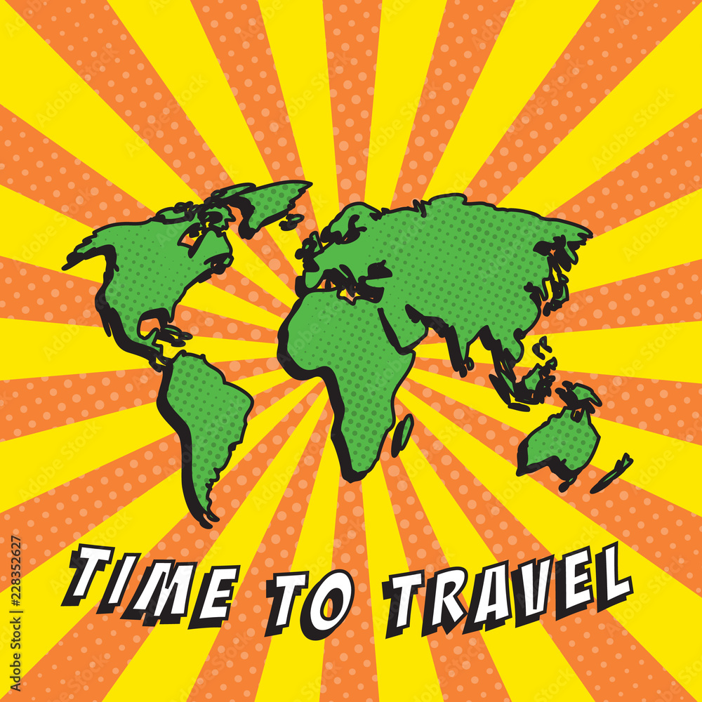 Poster world map in retro comic style on background with halftone dots and radial lines