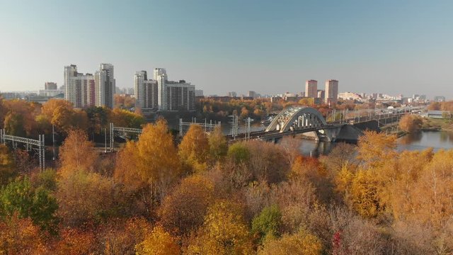 railway bridge across river in Khimki city, Russia