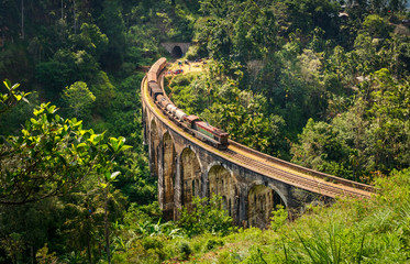 Cargo Train on the Nine Arch Bridge in Sri Lanka - very popular place in Ella