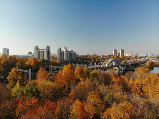 Top view of city of Khimki and railroad bridge in autumn, Russia