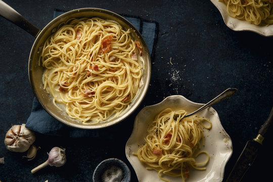 Carbonara with bacon in pan