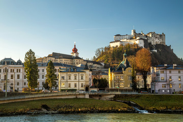 View on Salzburg castle, a Hohensalzburg Fortress on top of Festungsberg hill, Austria.