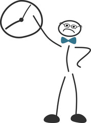 Strichmännchen zeigt verärgert auf die Uhr