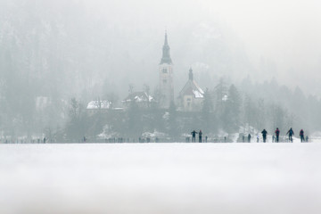 Frozen lake Bled in winter close-up on the island