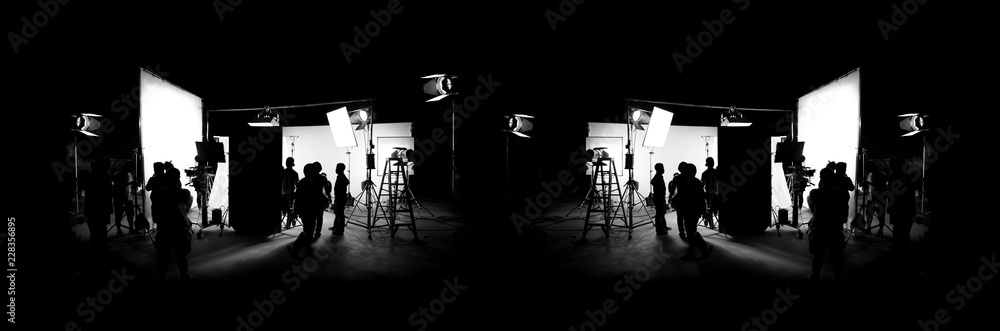 Wall mural silhouette images of video production behind the scenes or b-roll or making of tv commercial movie t