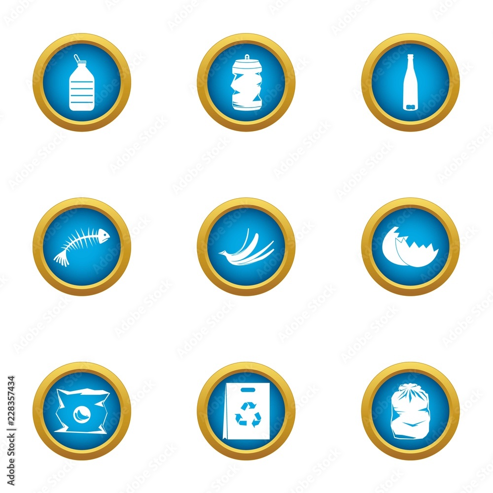 Poster production garbage icons set. flat set of 9 production garbage vector icons for web isolated on whit