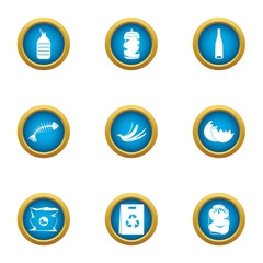 Production garbage icons set. Flat set of 9 production garbage vector icons for web isolated on white background