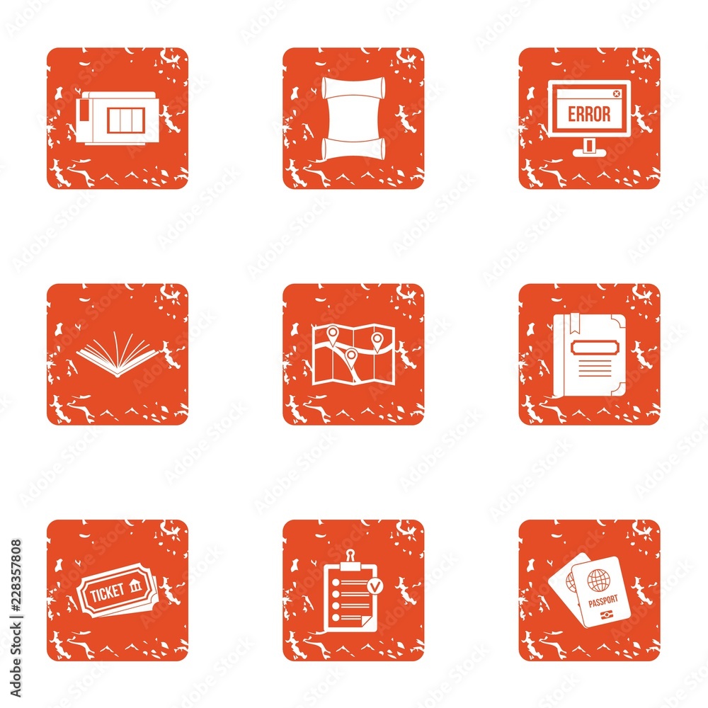 Poster travel error icons set. grunge set of 9 travel error vector icons for web isolated on white backgrou