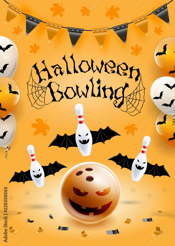 Wall mural Halloween bowling flyer template. A6 format size. Vector clip art illustration.