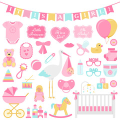 Baby Shower girl set. Vector. Cute pink elements for birth party. Baby icons isolated for card, print, postcard, nursery, template banner, flat design on white background Colorful cartoon illustration
