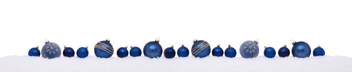 Blue christmas balls in a row isolated on snow, Christmas banner