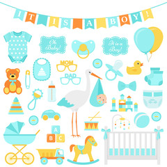 Baby Shower boy set. Vector. Cute blue elements for birth party. Baby icons isolated for card, print, postcard, nursery, template banner, flat design on white background. Colorful cartoon illustration