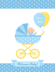 Baby Shower boy card. Vector. Cute blue banner with pram, newborn, polka dot pattern. Baby boy birth party poster in flat design. Sweet template invite background. Colorful cartoon illustration.