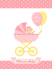 Baby Shower girl card. Vector. Cute pink banner with pram, newborn, polka dot pattern. Baby girl birth party poster in flat design. Sweet template invite background. Colorful cartoon illustration.