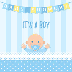 Baby Shower boy card. Vector. Sweet blue banner with newborn kid, flags, polka dot pattern. Baby boy birth party poster in flat design. Cute template invite background. Colorful cartoon illustration.
