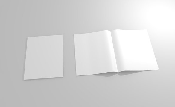 Mock up magazine open and closed on gray surface - 3D