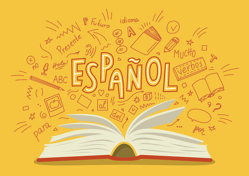 Espanol. Translation "Spanish". Open book with language hand drawn doodles and lettering. Education vector illustration.