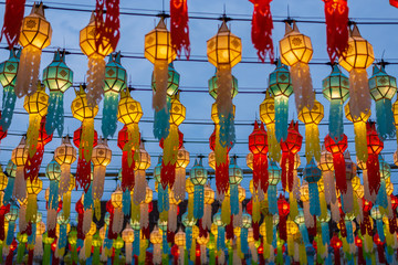 Thai lanna lantern with light at night .