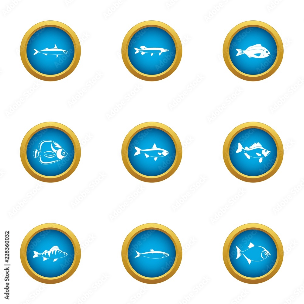 Poster catch fish icons set. flat set of 9 catch fish vector icons for web isolated on white background