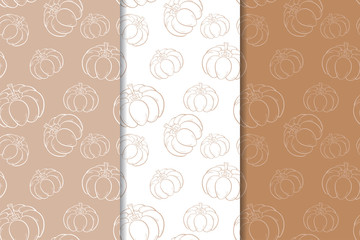 Halloween pumpkin patterns. Brown and white seamless backgrounds
