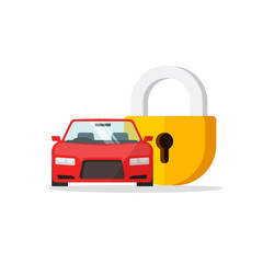Car lock vector illustration, flat cartoon automobile and closed padlock icon, concept of auto protection, security system sign, anti theft technology isolated