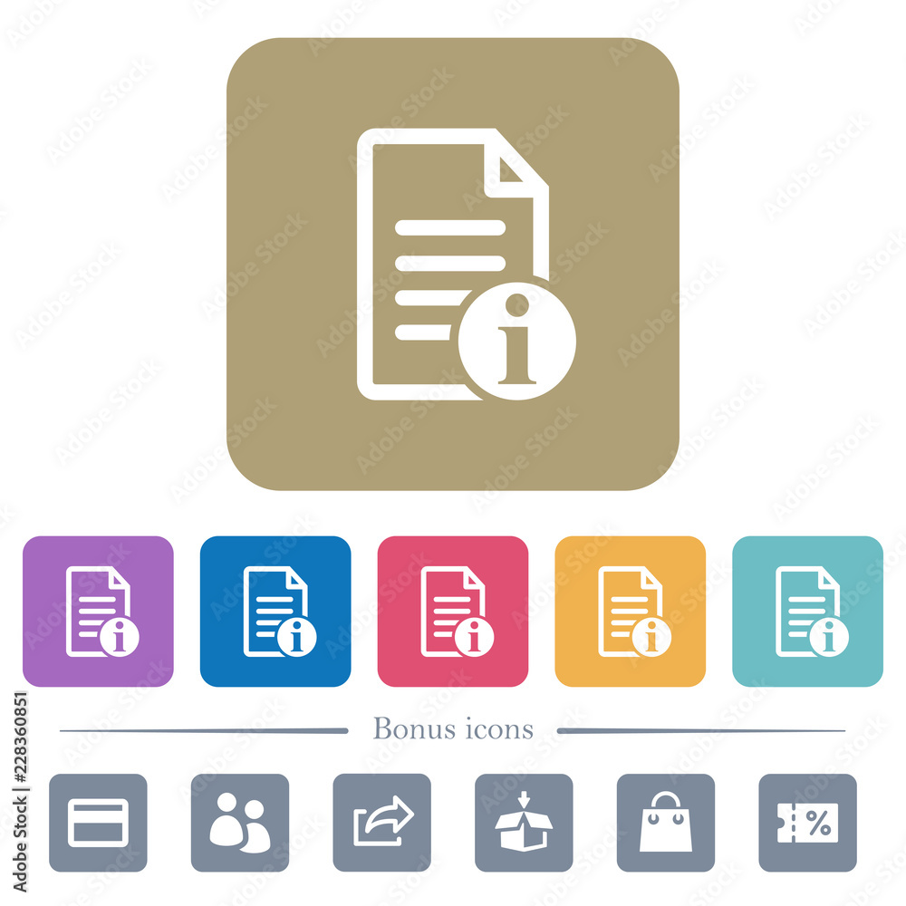 Poster document info flat icons on color rounded square backgrounds