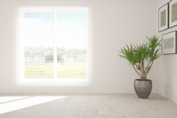 White empty room with green landscape in window. Scandinavian interior design. 3D illustration