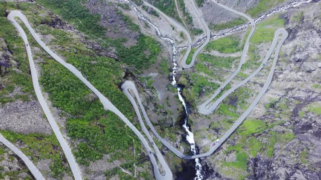 Aerial view. Trolls Path Trollstigen or Trollstigveien winding scenic mountain road in Norway Europe. National tourist route
