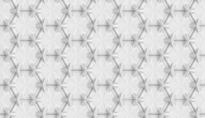 Fototapeta premium Seamless texture of three-dimensional complex dissected convex elements based on hexagonal grid. 3d illustration