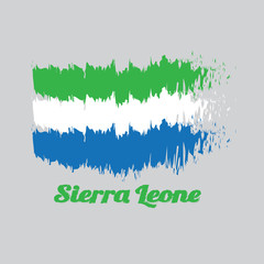 Brush style color flag of Sierra leone, A horizontal tricolor of light green, white and light blue with text Sierra leone.