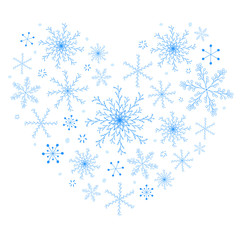 Vector postcard design. Hand drawn doodle snow elements. Beautiful heart shape made of blue snowflakes isolated on white background. Charming winter poster.
