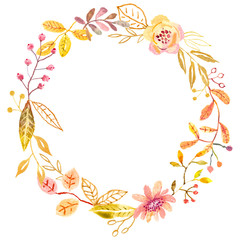 Hand painted autumn fall leaves circle frame Isolated on white. Hand drawn illustration.