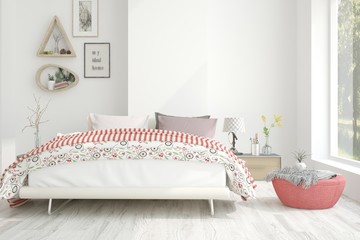 Idea of white minimalist bedroom. Scandinavian interior design. 3D illustration