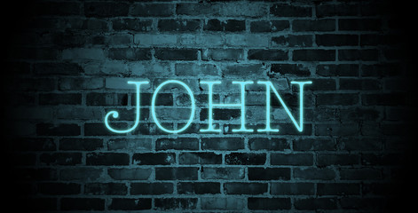 first name John in blue neon on brick wall