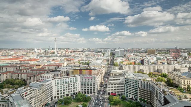 Panoramic view of Berlin from Potsdamer square. Leipziger street, one of the major streets in Berlin, connects West and East side.