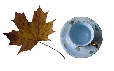 Autumn leaves of different colors, near a beautiful cup with tea, on an isolated background and on...