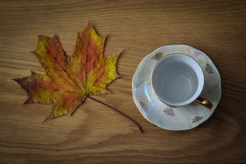Autumn leaves of different colors, near a beautiful cup with tea, on an isolated background and on and backgrounds of different colors. 