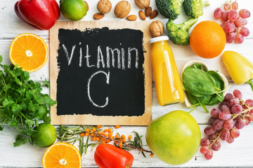 Fruits and vegetables with vitamin C. Healthy food high in vitamin C. Top view, overhead.